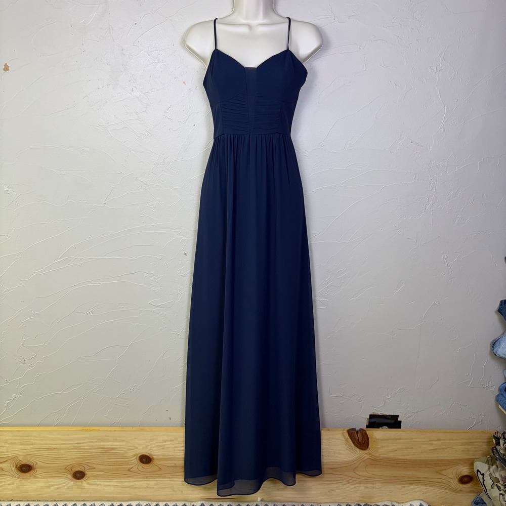NEW BCBGeneration Maxi Gown Dress 8 Navy Chiffon Pleated Formal Hoo Homecoming